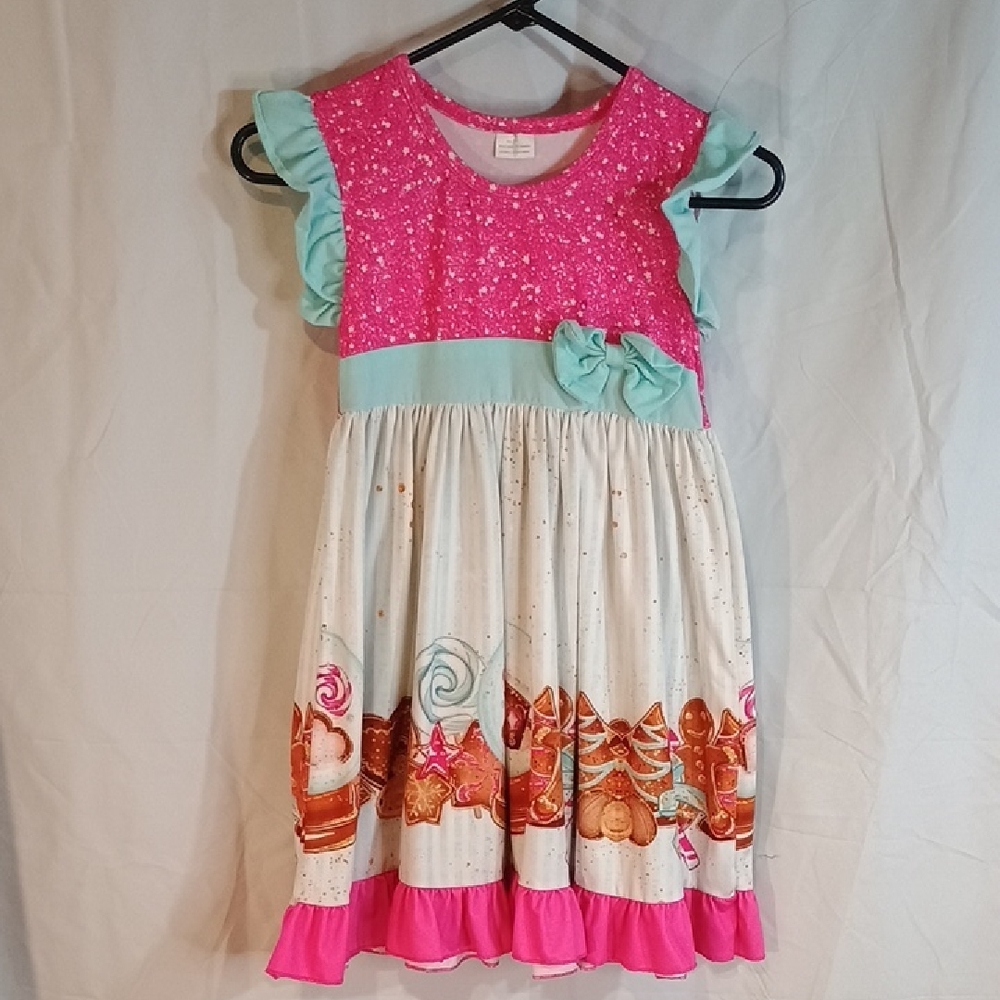 Pink and Light Blue Kids Dress with Gingerbread Design